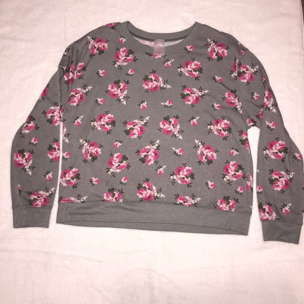 Grey and Pink Floral Crewneck Sweatshirt